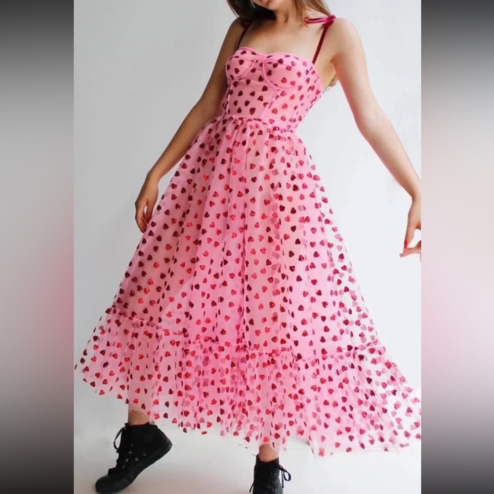 Betsey Johnson Glitter Heart Print Corset Midi Dress Mesh Tulle Size 8 NWT